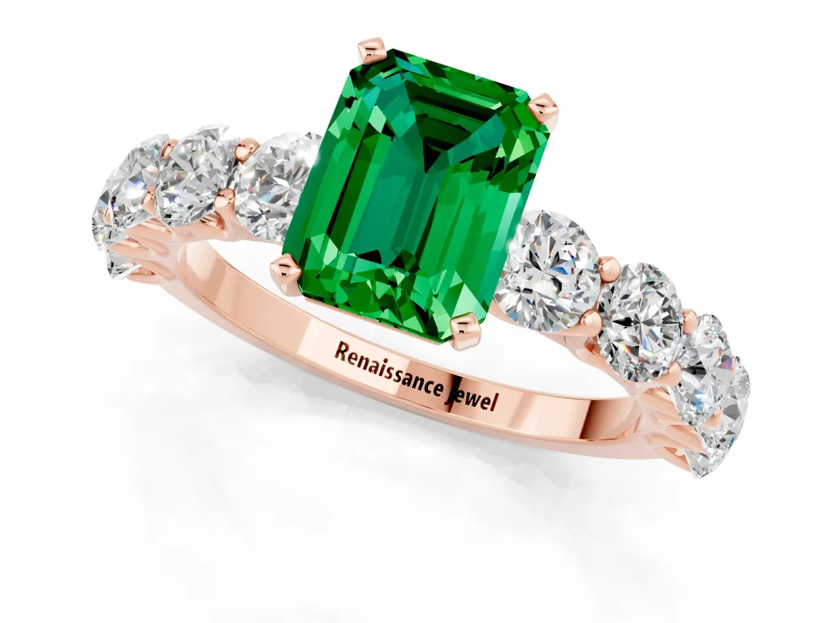 Emerald Cut Emerald Prong Setting with Side Stones on a Pave Band Rose gold