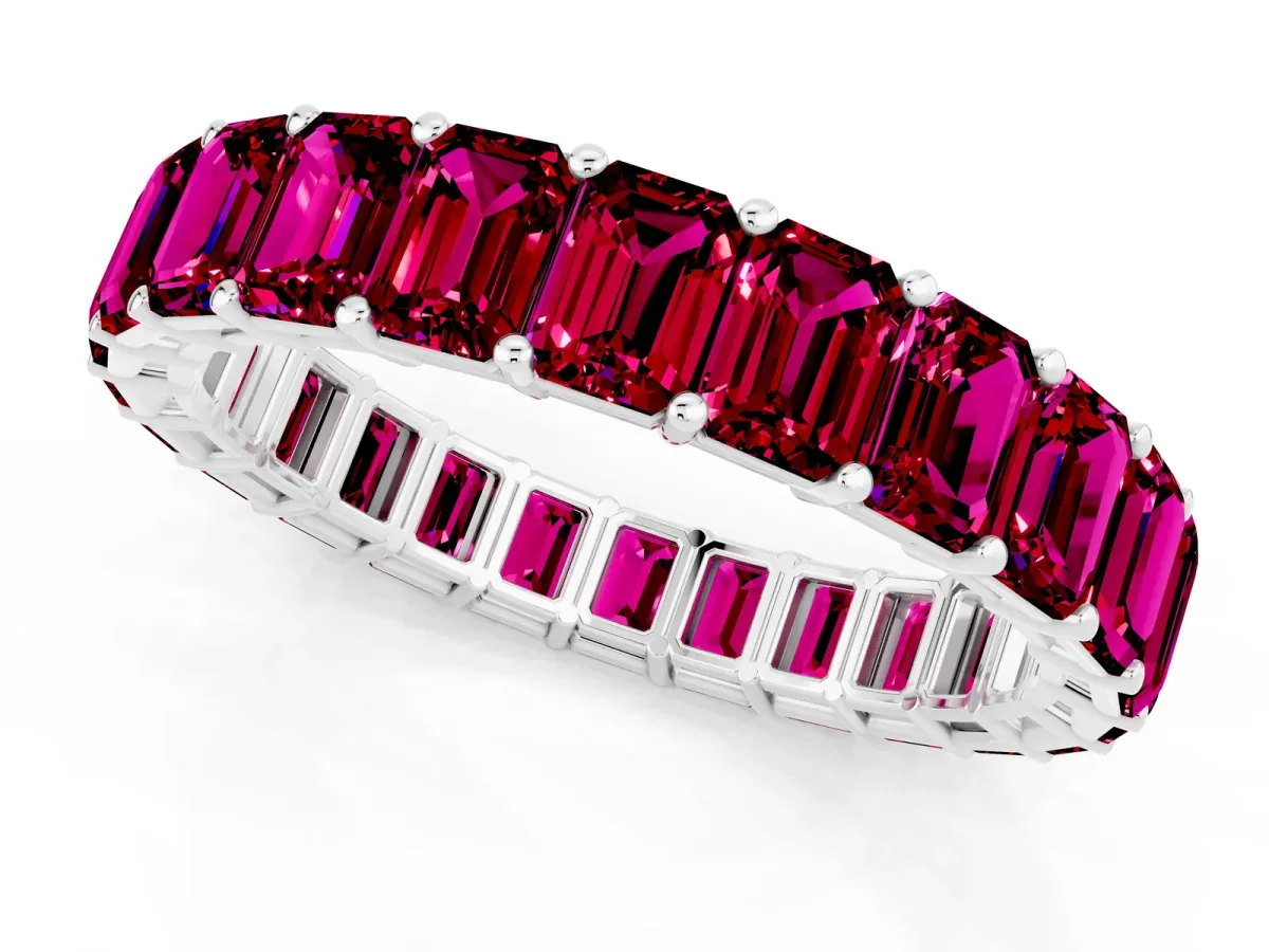 Emerald Cut Garnet Eternity Band with Shared Prong Setting Platinum