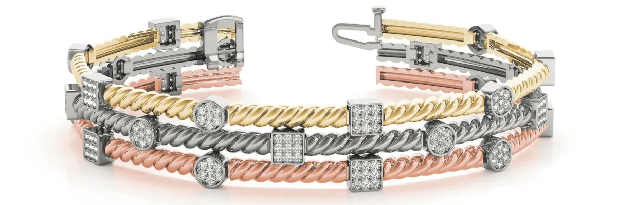 Pave Set Round and Square Diamond Twisted Cable Bracelet Rose gold