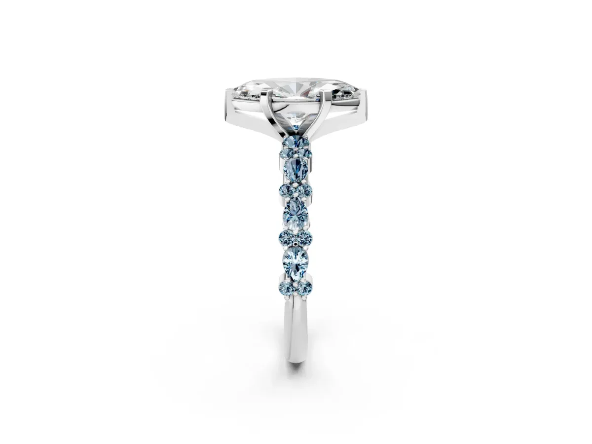Marquise Cut Diamond Side Stone Solitaire Ring with Round Aquamarine and Four-Prong Setting Silver