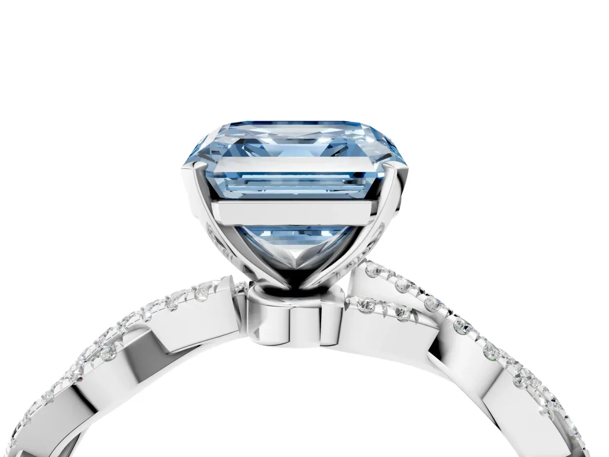 Fancy Blue Asscher Cut Solitaire Twisted Pave Band with Four-Prong Setting Platinum
