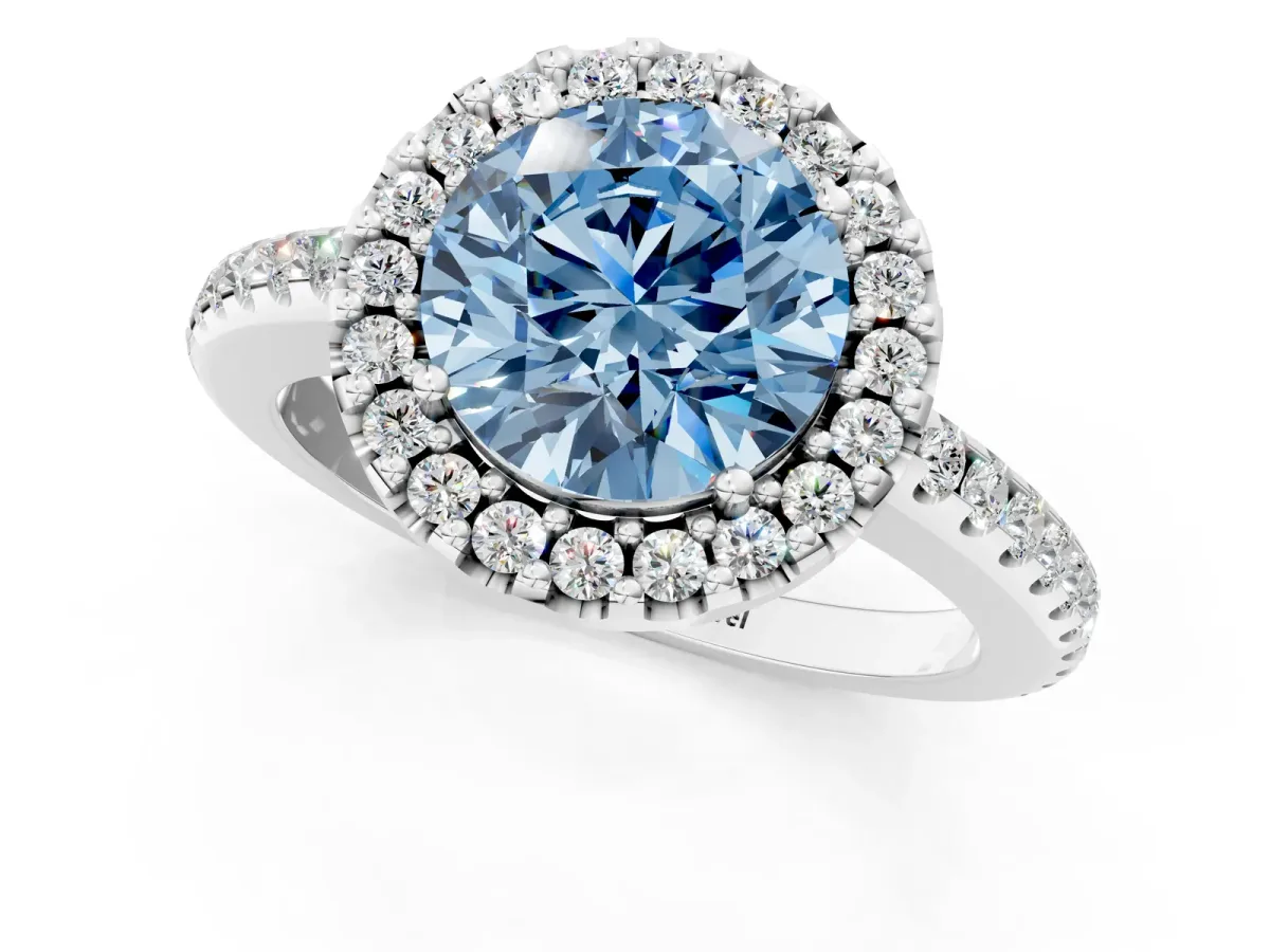 Fancy Blue Round Cut Diamond Pavé Halo Ring with Four-Prong Setting Platinum