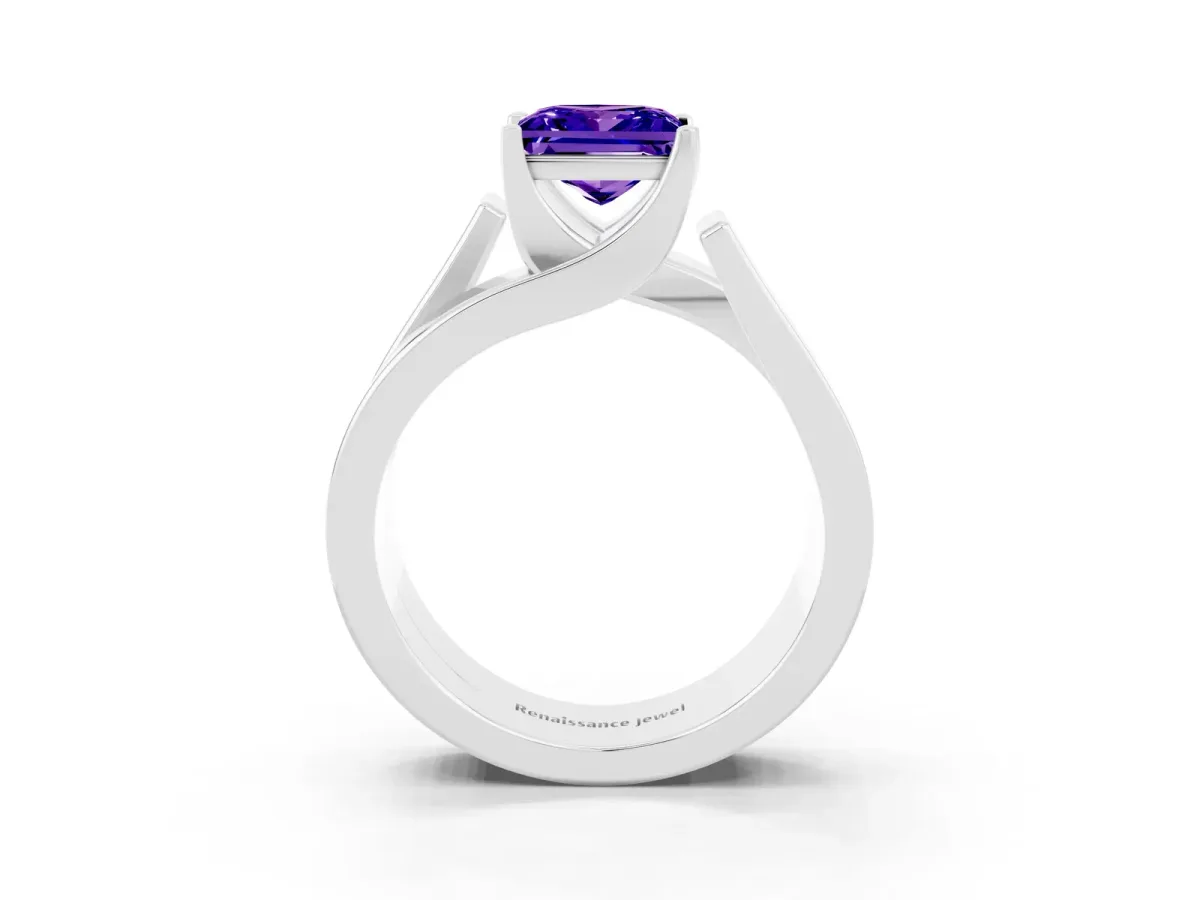Modern Tension Set Princess Cut Tanzanite Solitaire Wide Band Ring Silver
