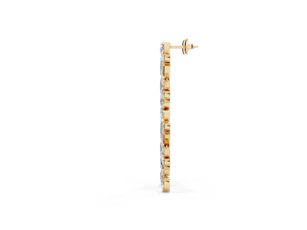 Pear, Emerald, and Round Diamond Linear Drop Earrings Yellow gold