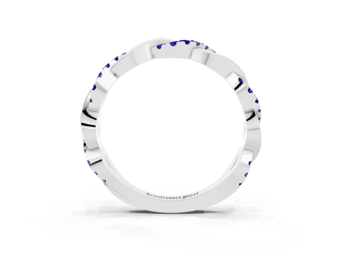 Pavé Round Tanzanite Twist Eternity Band with Shared Prong Setting Silver