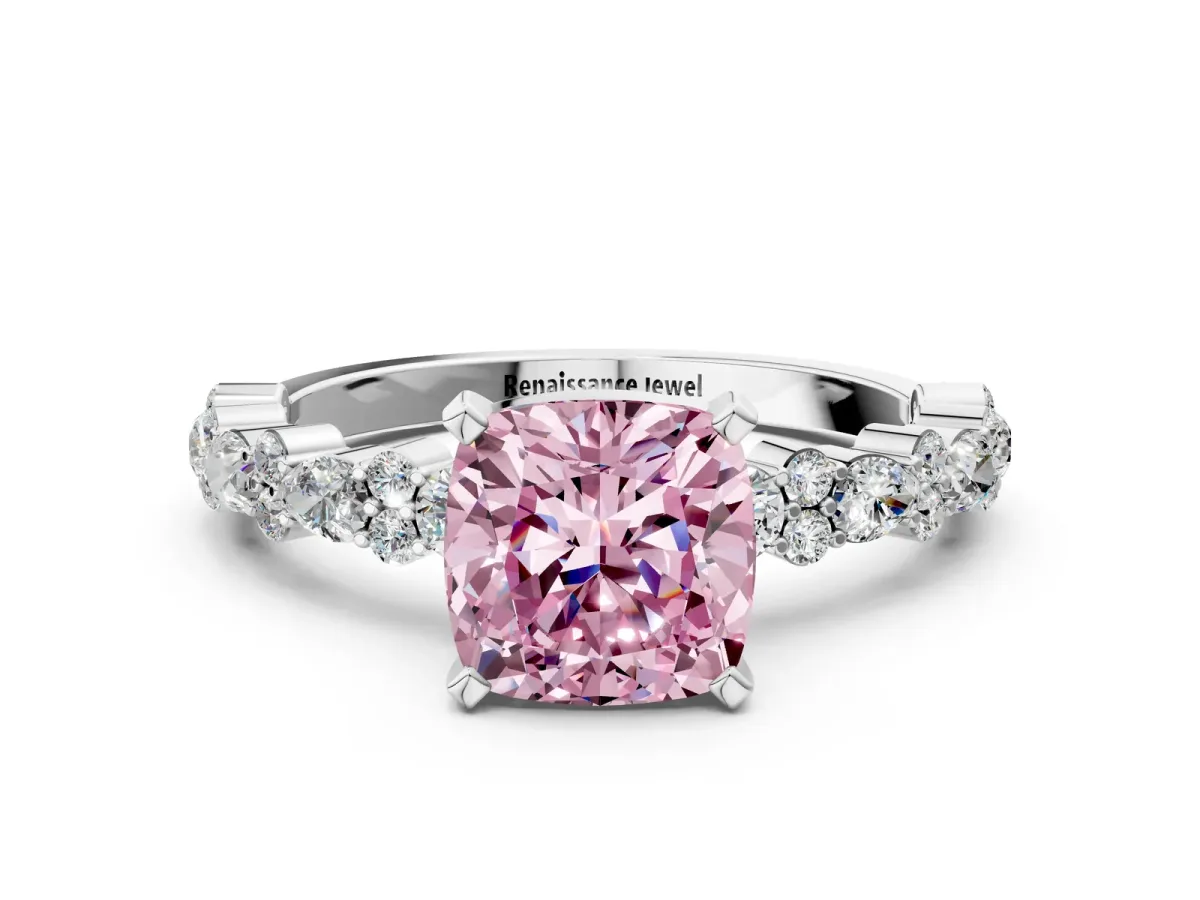 Fancy Pink Cushion Cut Diamond Side Stone Solitaire Ring with Round and Four-Prong Setting Platinum