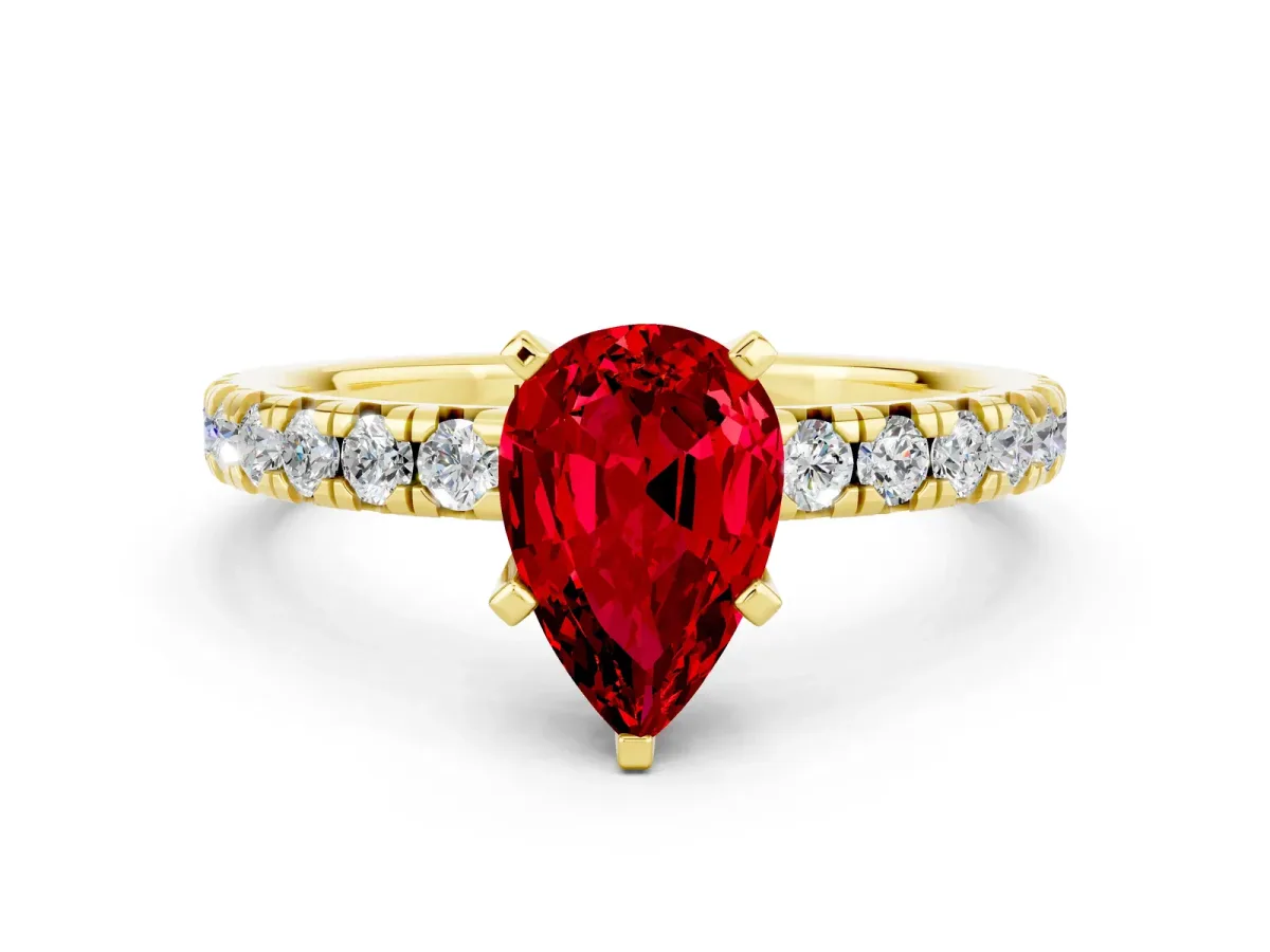 Pear Cut Ruby Solitaire Pavé Engagement Ring with Round Band and Prong Setting Yellow gold