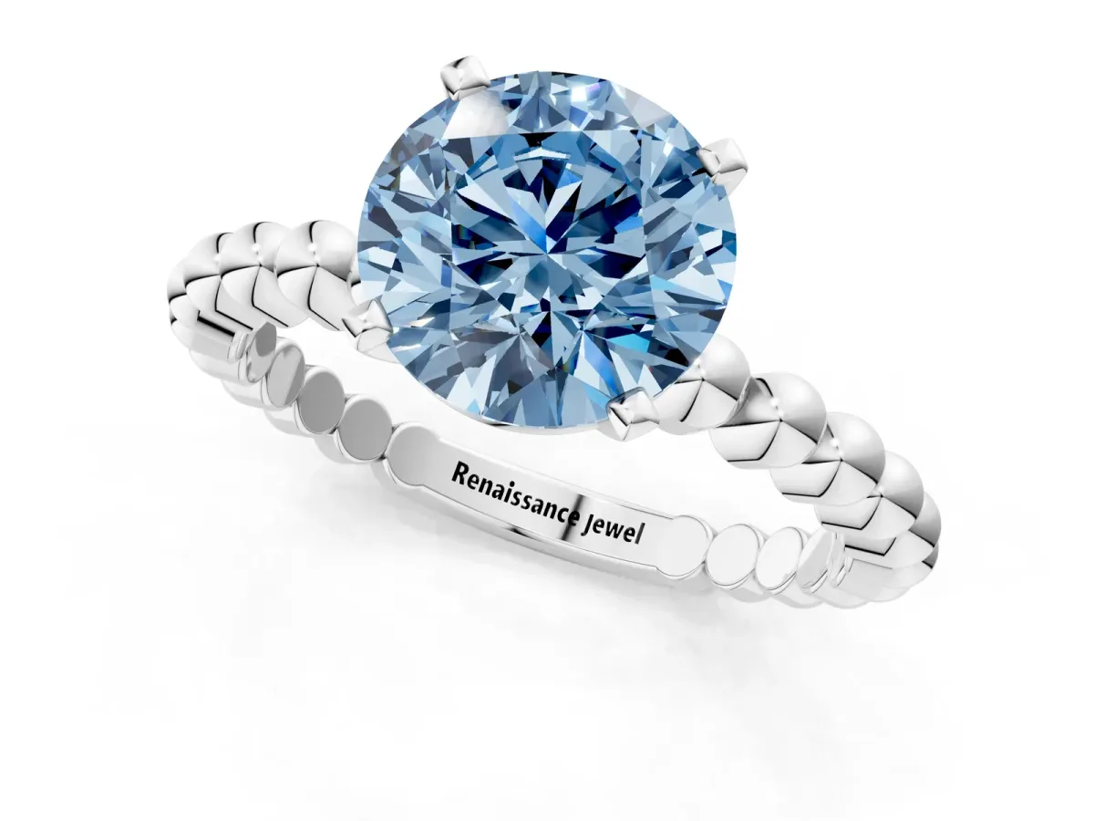 Fancy Blue Round Cut Diamond Solitaire Ring with Beaded Band and Prong Setting Platinum
