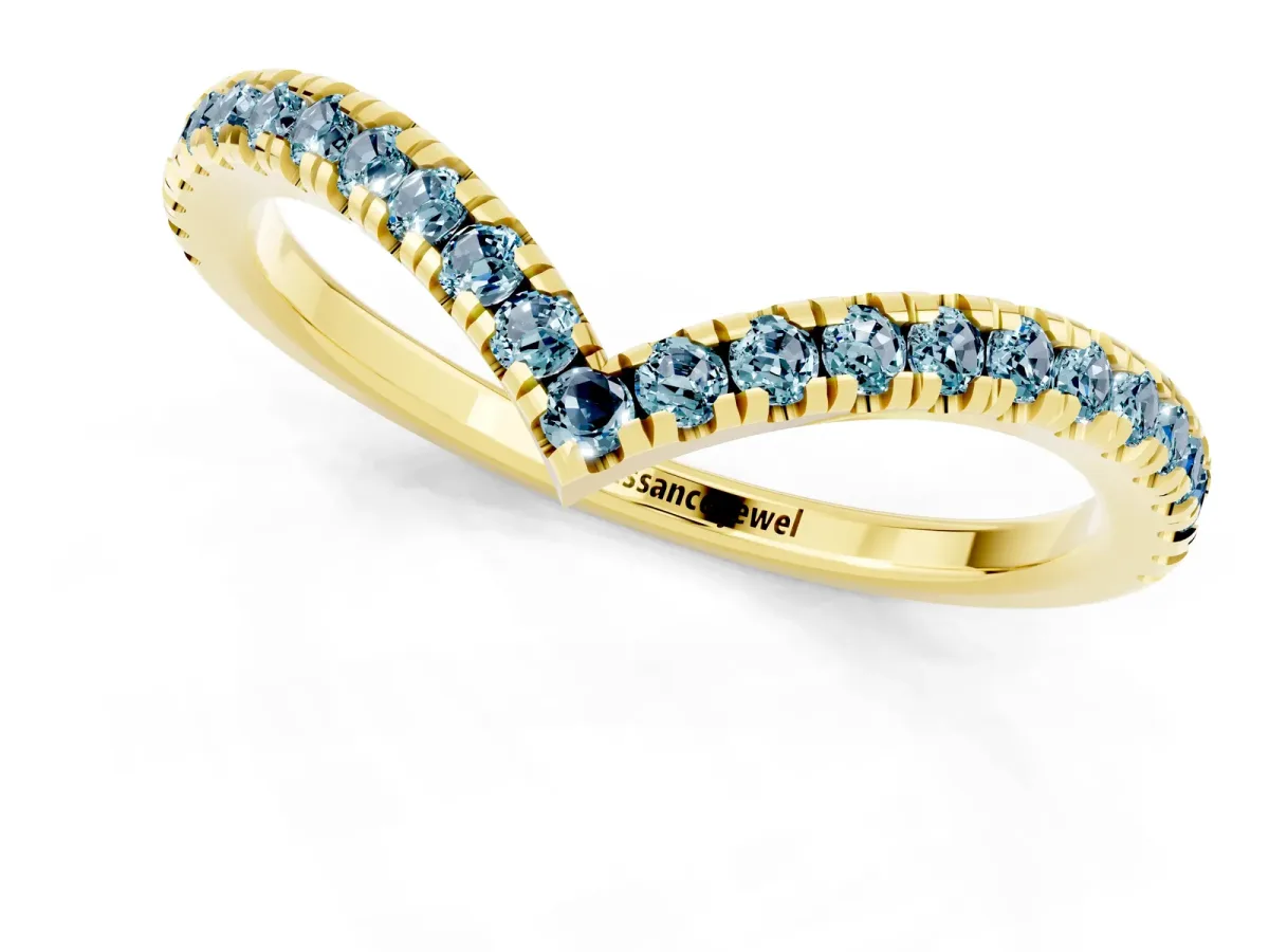 Pavé Round Aquamarine V-Shaped Chevron Band with Shared Prong Setting Yellow gold