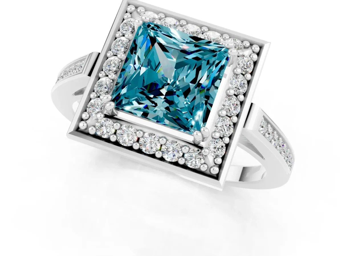 Princess Cut Blue Topaz Halo Ring with Split Shank and Four-Prong Setting Platinum