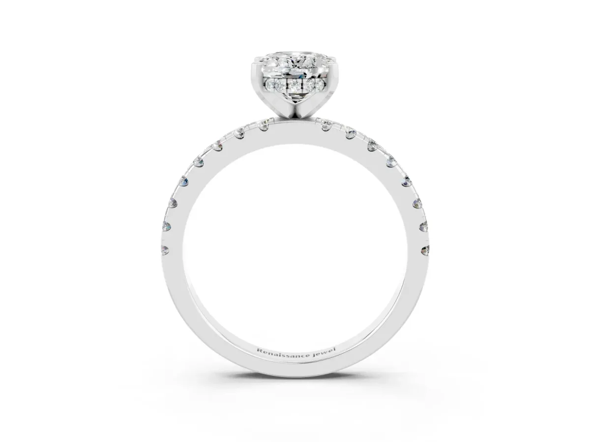 Oval Cut Moissanite Solitaire Ring with Round Pavé Band and Four-Prong Setting Silver