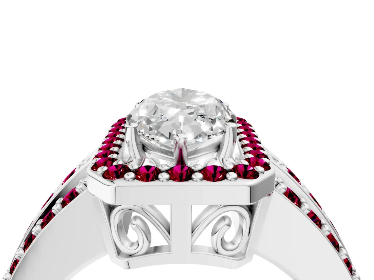 Marquise Cut Halo Diamond Ring with Round Garnet Split Shank and Prong Setting Platinum
