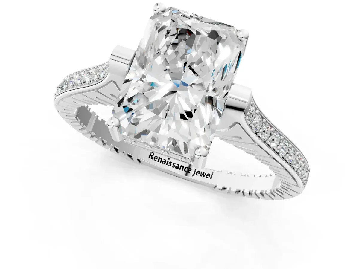 Radiant Cut Solitaire Diamond Ring with Channel Set Band and Bezel Prong Setting Platinum