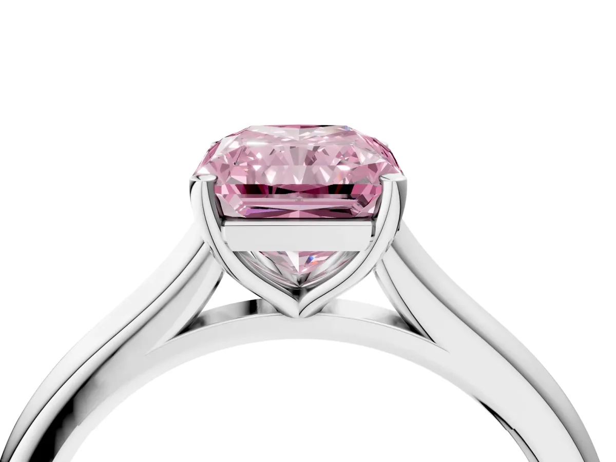 Fancy Pink Radiant Cut Cut Solitaire Ring with Cathedral Band and Four-Prong Setting Platinum