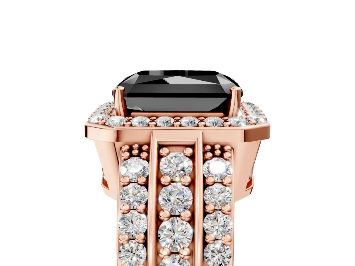 Fancy Black Radiant Cut Halo Diamond Ring with Round Split Shank and Prong Setting Rose gold