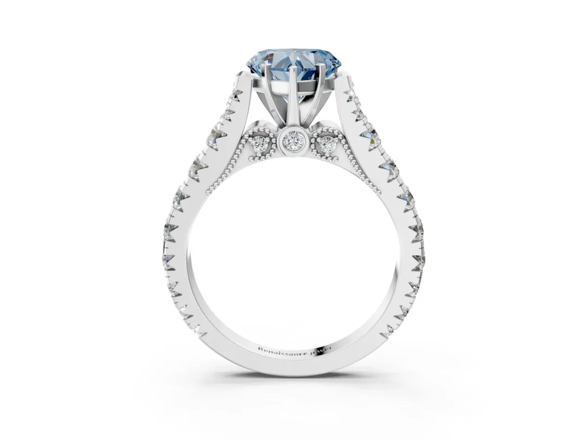 Fancy Blue Heart Cut Diamond Classic Solitaire Ring with Pavé Band and Four-Prong Setting Silver