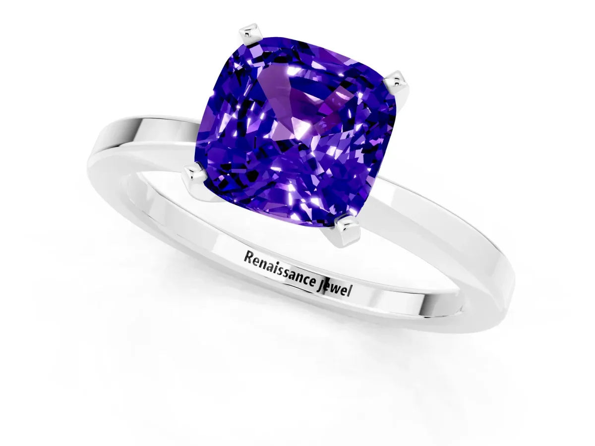 Cushion Cut Tanzanite Solitaire Engagement Ring with Classic Band and Four-Prong Setting Silver