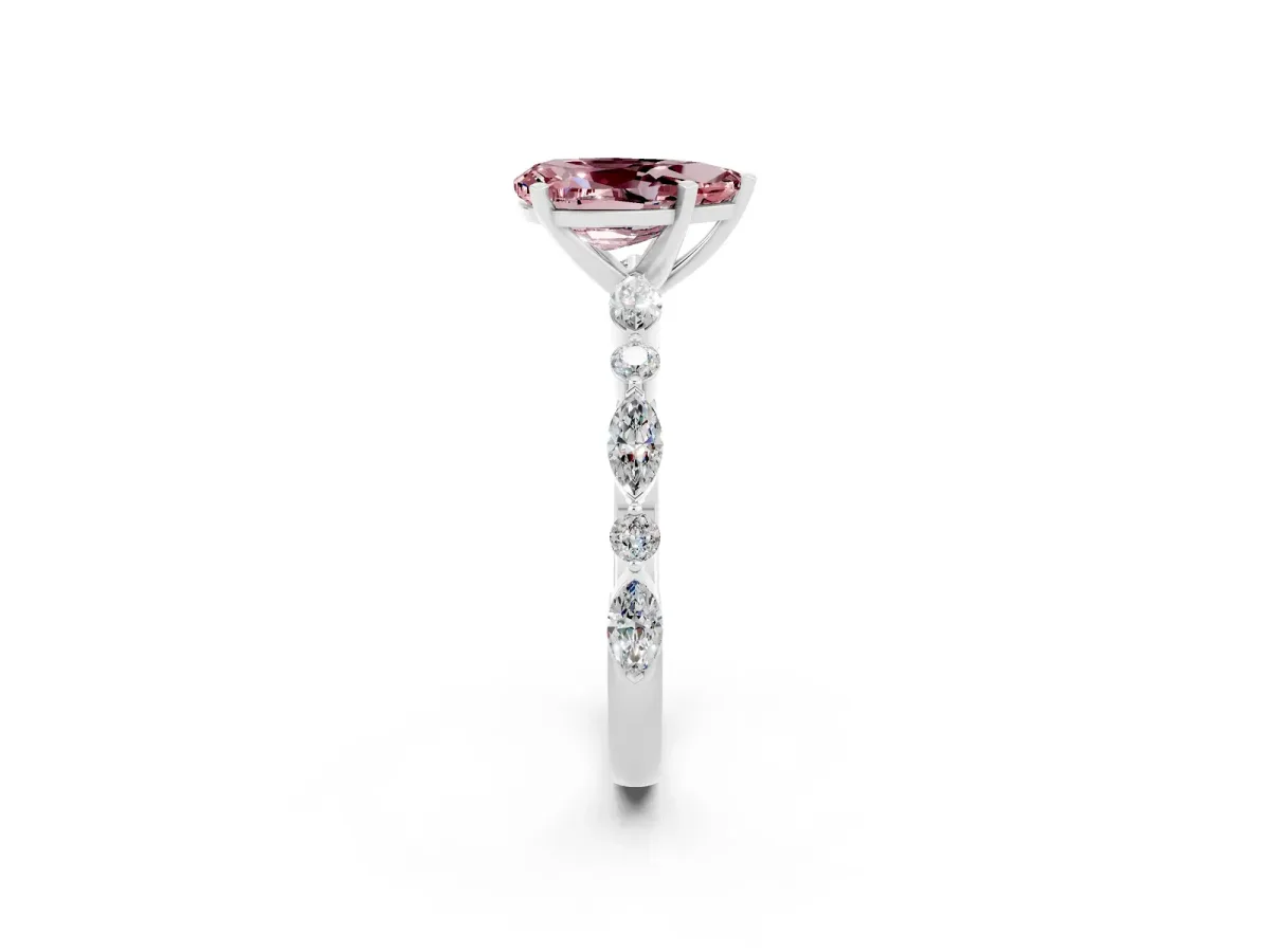Pear Cut Morganite Ring with Marquise and Round Side Stones and Four-Prong Setting Silver