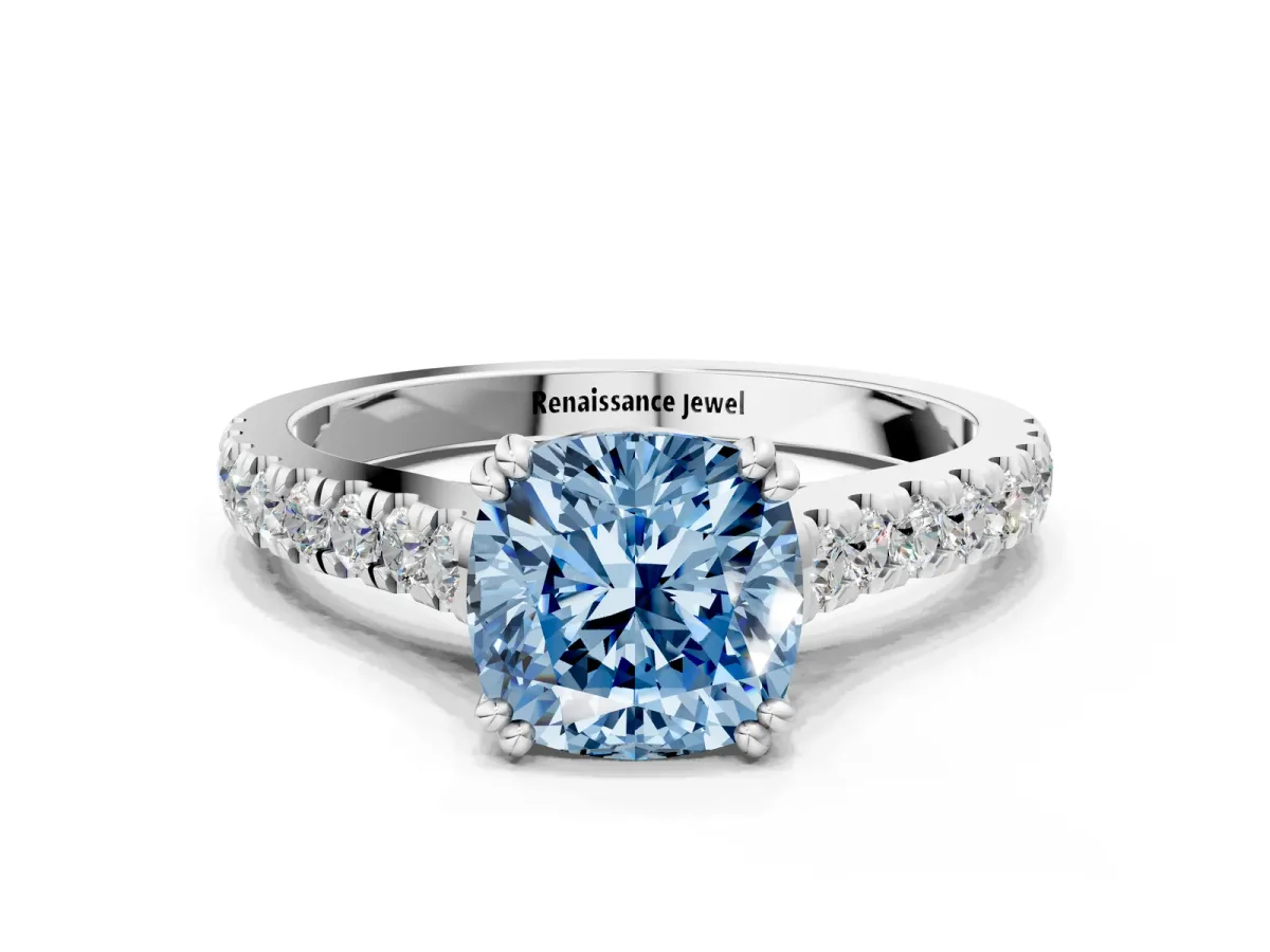 Fancy Blue Cushion Cut Solitaire Pave Diamond Engagement Ring with Prong Setting White gold