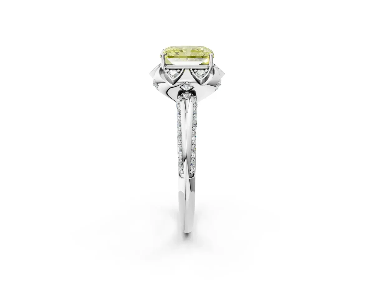 Fancy Yellow Radiant Cut Halo Split Shank Pave Diamond Ring with Petal Prong Setting Platinum