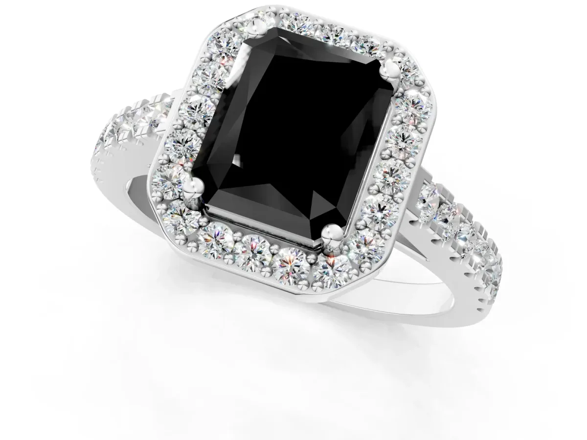 Fancy Black Radiant Cut Diamond Halo Ring with Round Pavé Split Shank and Prong Setting Platinum
