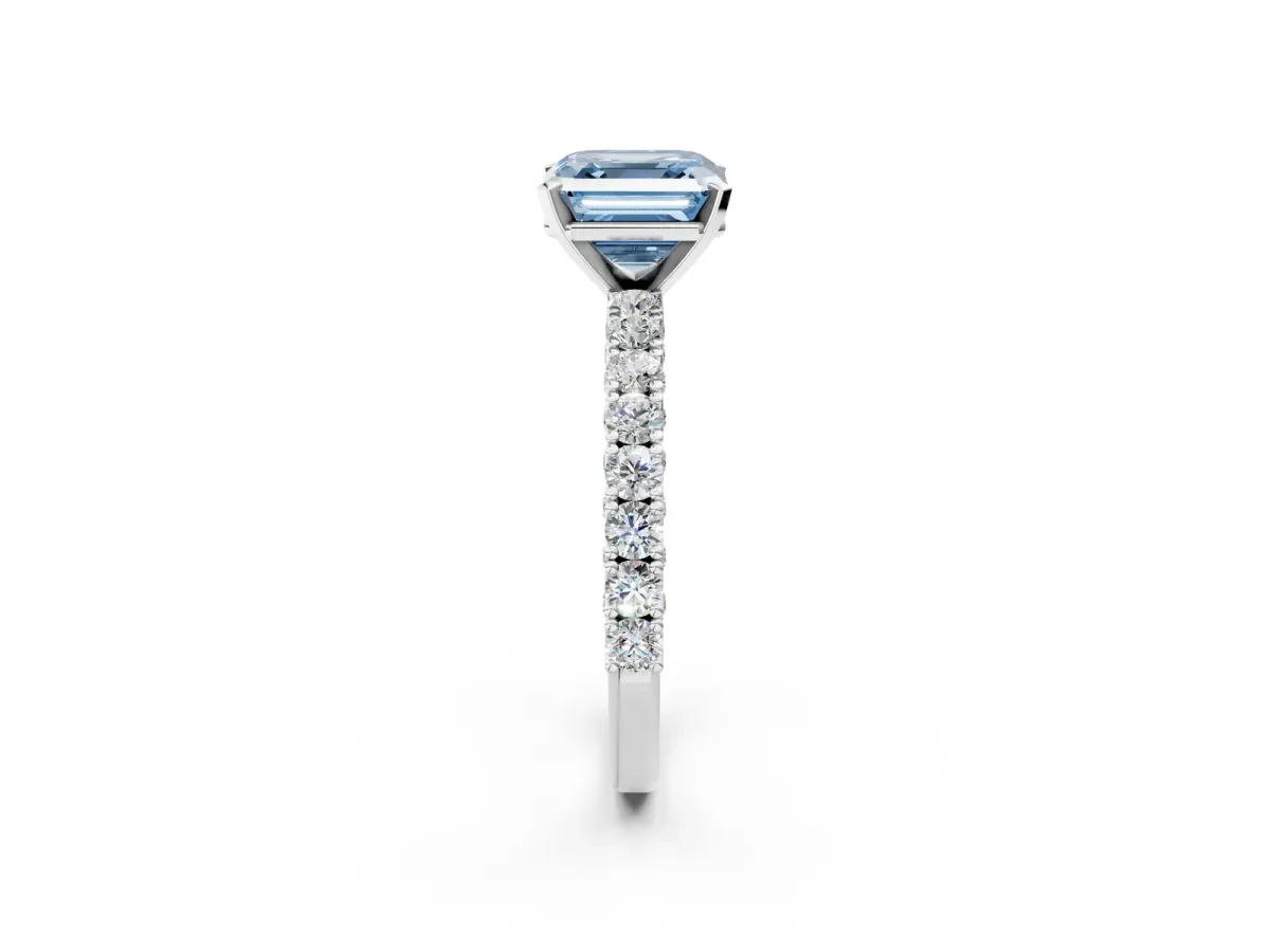 Fancy Blue Asscher Cut Diamond Solitaire Ring with Round Accent Pavé Band and Prong Setting Platinum