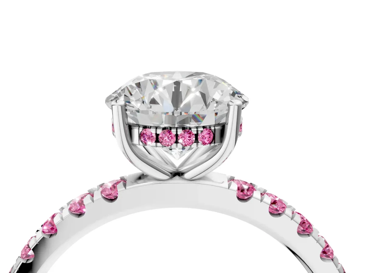 Round Cut Diamond Pave Band Solitaire Ring with Round Pink Sapphire and Prong Setting Silver