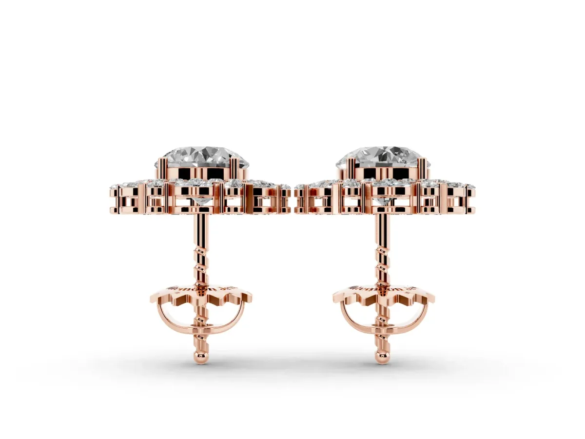 Round Diamond Double Halo Stud Earrings with Prong Setting Rose gold