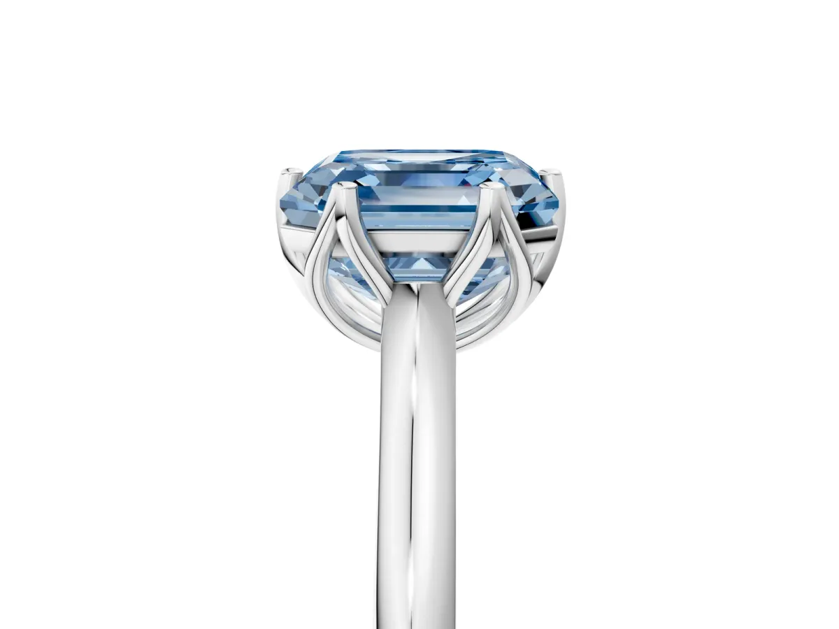 Fancy Blue Asscher Cut Solitaire Cathedral Diamond Ring with Six-Prong Setting Platinum