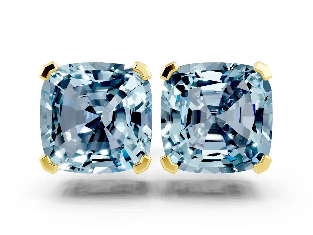 Cushion Cut Aquamarine Stud Earrings Yellow gold