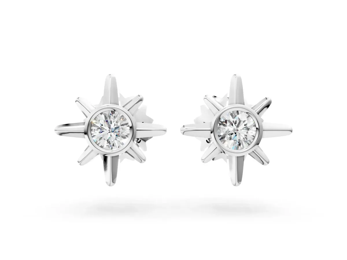 Round Diamond Sol Starburst Stud Earrings White gold