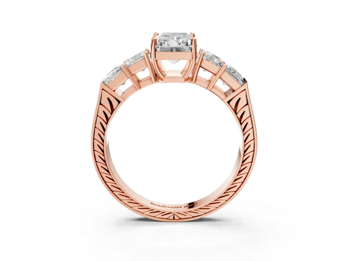 Radiant Cut Solitaire Princess Side Stone Engraved Band Prong Setting Ring Rose gold