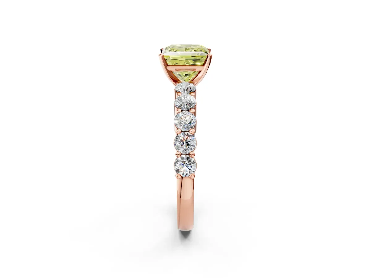 Fancy Yellow Princess Cut Diamond Solitaire Ring with Shared Prong Round Side Stones Rose gold
