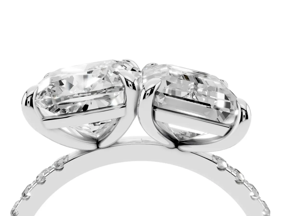 Cushion and Emerald Toi Moi Ring with Prong Setting and Pave Band Platinum