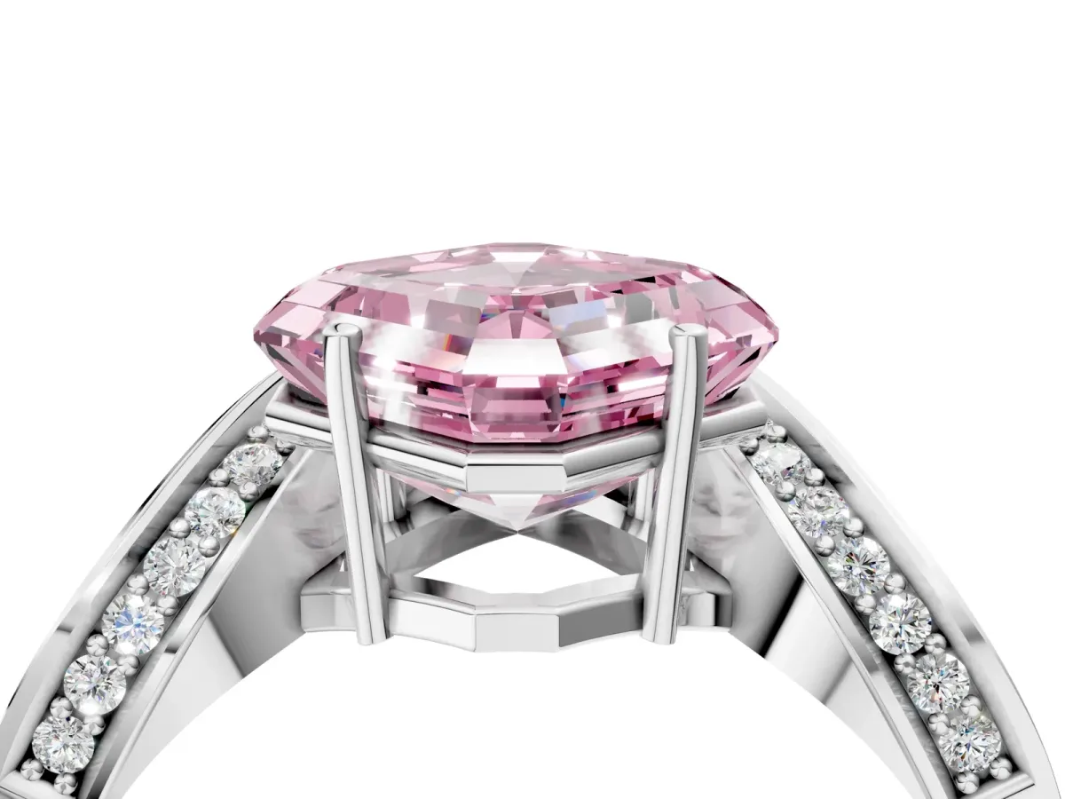 Fancy Pink Asscher Cut Solitaire Diamond Engagement Ring with Pave Band and Four-Prong Setting Silver