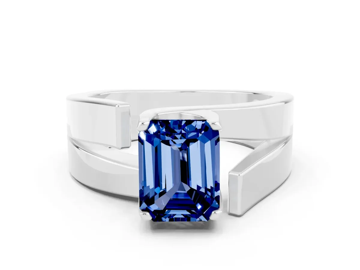 Modern Tension Set Emerald Cut Blue Sapphire Solitaire Wide Band Ring Silver