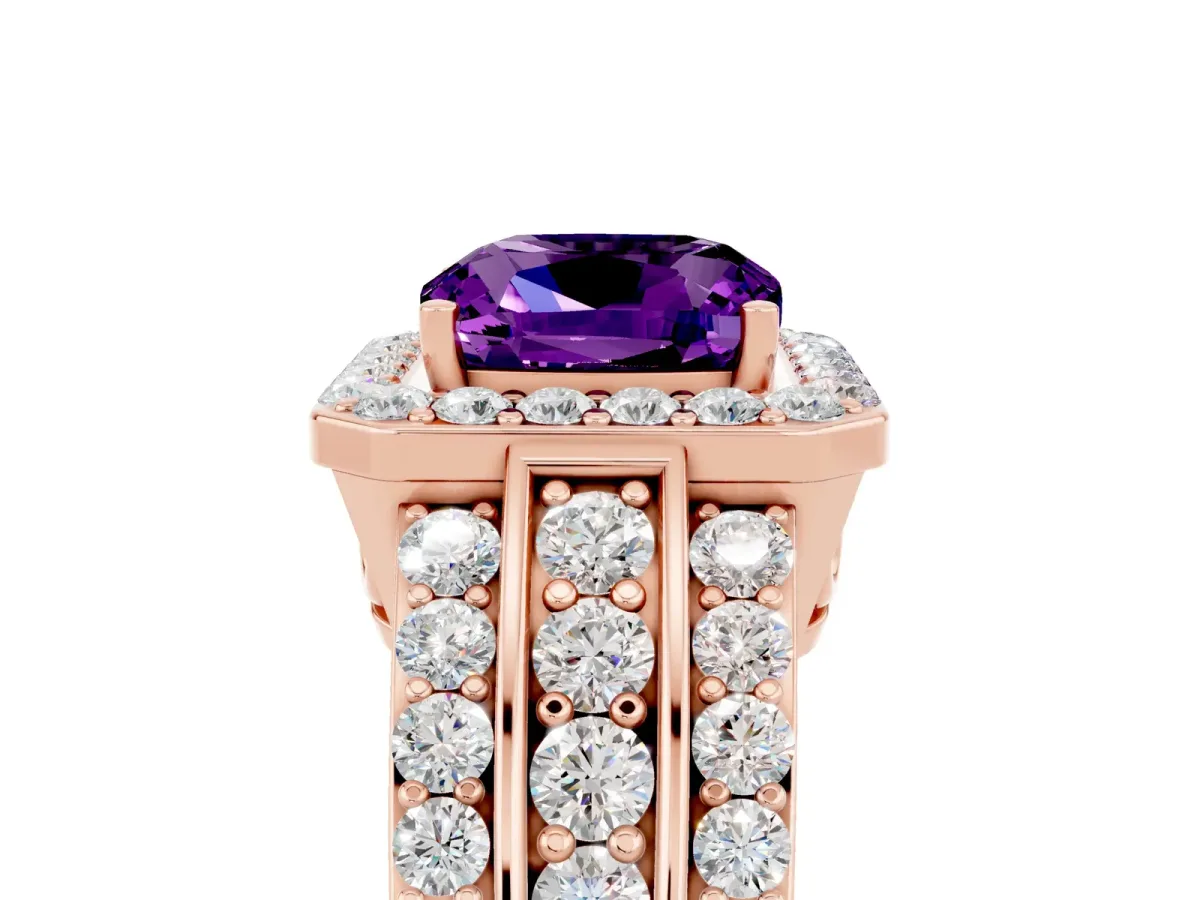 Cushion Cut Halo Amethyst Ring with Round Split Shank and Prong Setting Rose gold