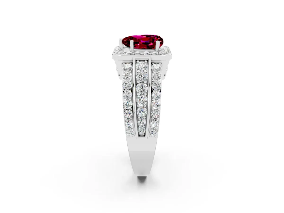 Heart Cut Halo Garnet Ring with Round Split Shank and Prong Setting Platinum