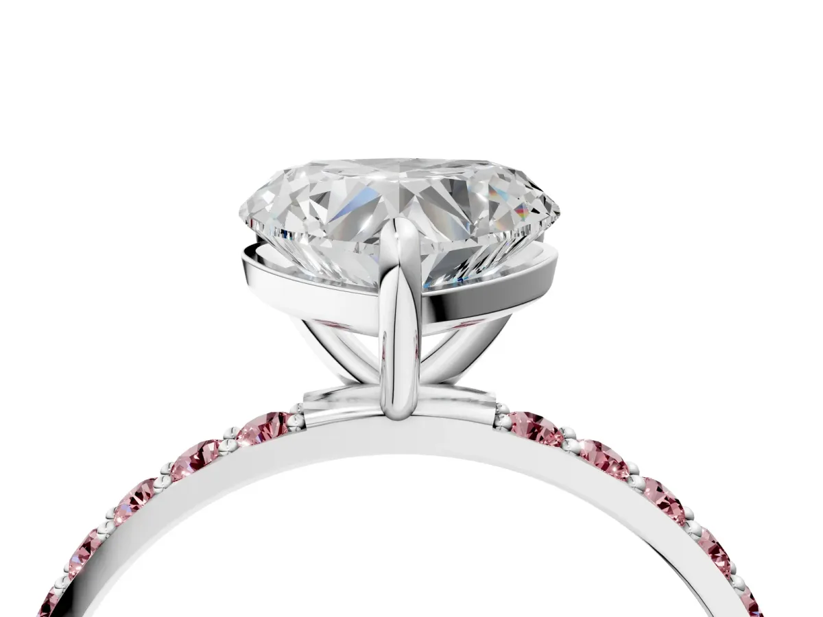 Heart Cut Diamond Solitaire Ring with Round Morganite Pavé Band and Prong Setting Silver