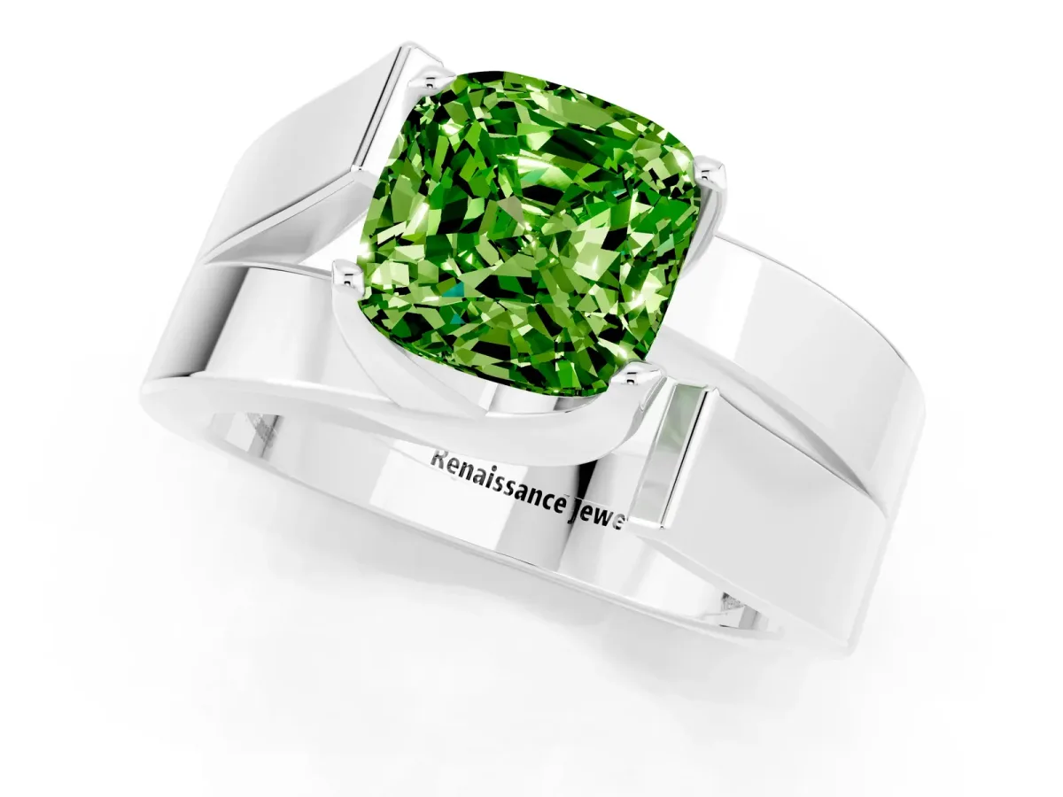 Modern Tension Set Cushion Cut Peridot Solitaire Wide Band Ring Silver