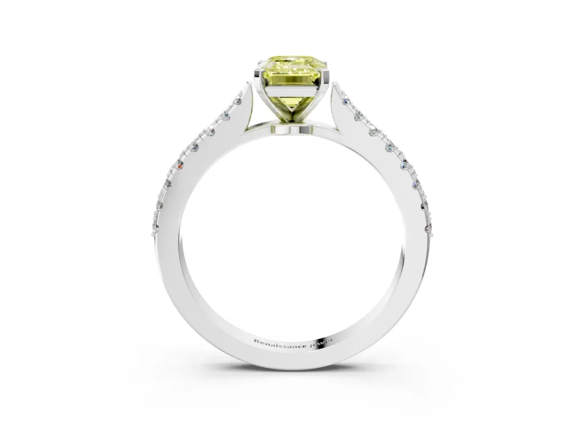 Fancy Yellow Emerald Cut Cut Solitaire Diamond Engagement Ring with Pave Band and Four-Prong Setting Silver