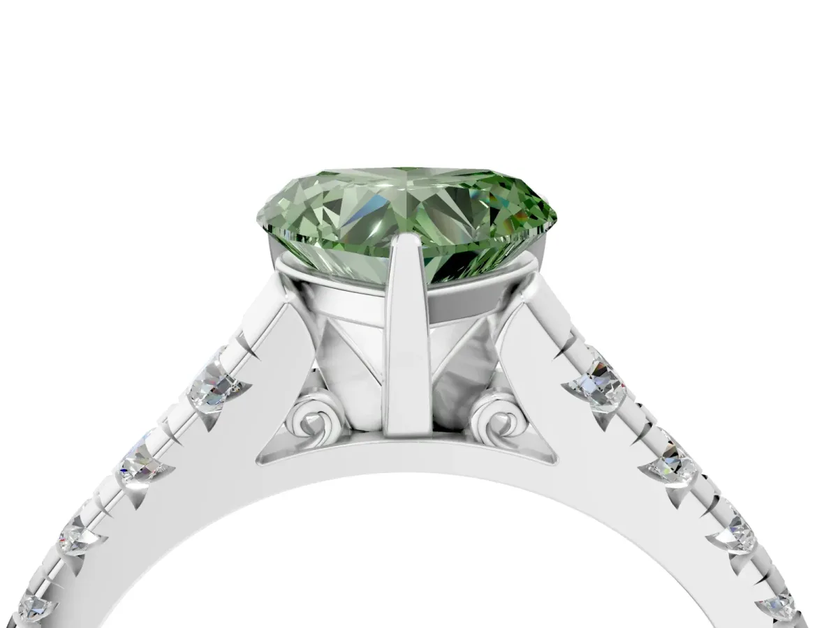 Fancy Green Heart Cut Diamond Cathedral Solitaire Ring with Round Pavé Band Silver