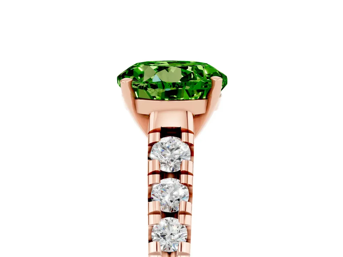 Round Cut Peridot Cathedral Solitaire Ring with Round Pavé Band Rose gold
