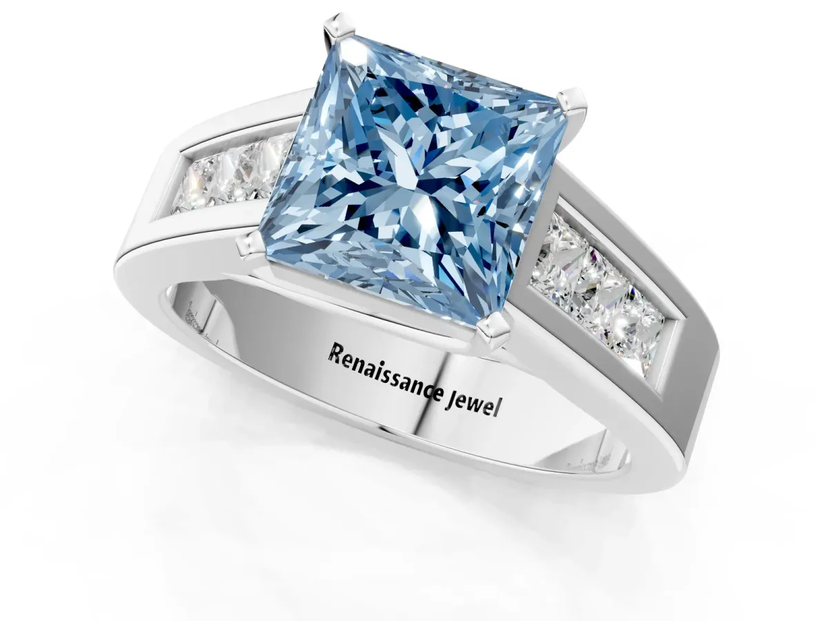 Fancy Blue Princess Cut Cut Channel Set Solitaire Ring with Four-Prong Setting White gold