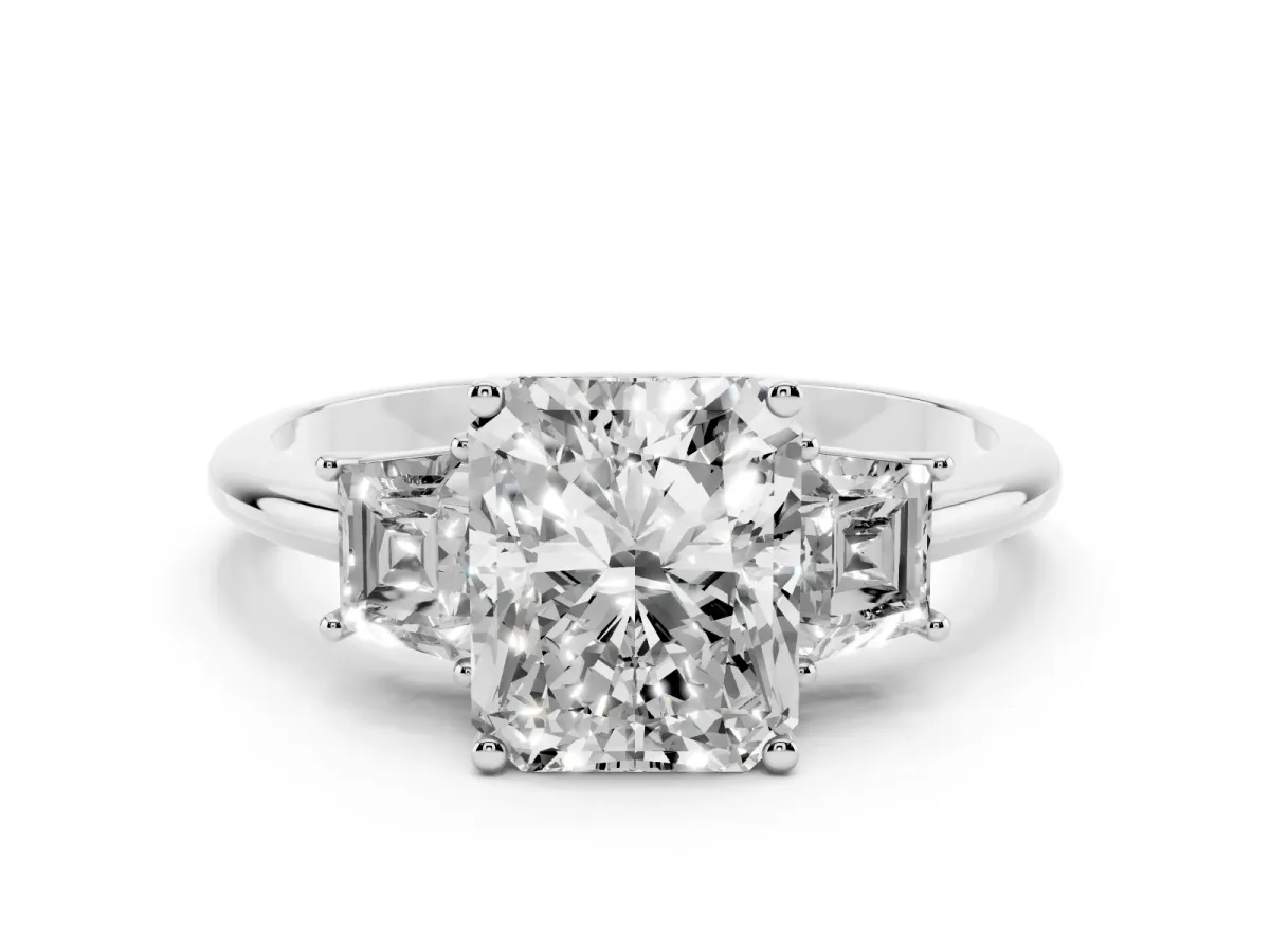 Radiant Cut Diamond Three-Stone Ring with Trapezoid Side Stones and Prong Setting Platinum
