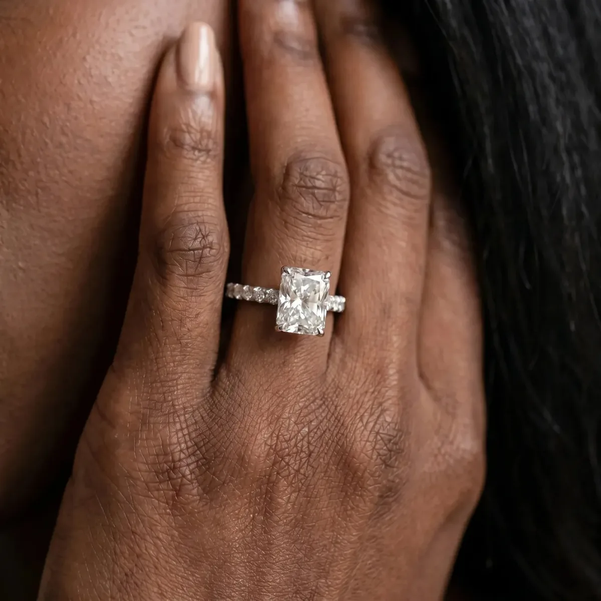 Radiant Cut Diamond Pave Band Solitaire Ring with Round and Prong Setting Platinum