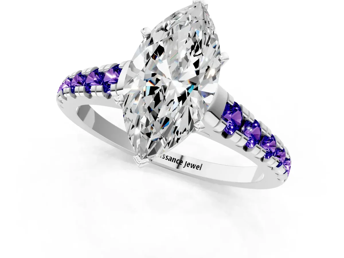 Marquise Cut Diamond Cathedral Solitaire Ring with Round Tanzanite Pavé Band Silver