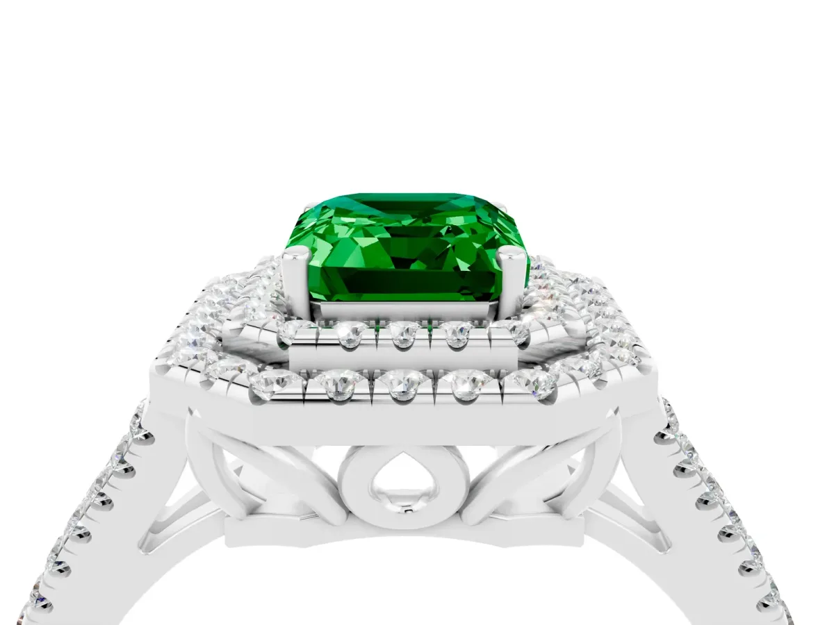Emerald Cut Emerald Double Halo Ring with Pavé Band and Prong Setting White gold