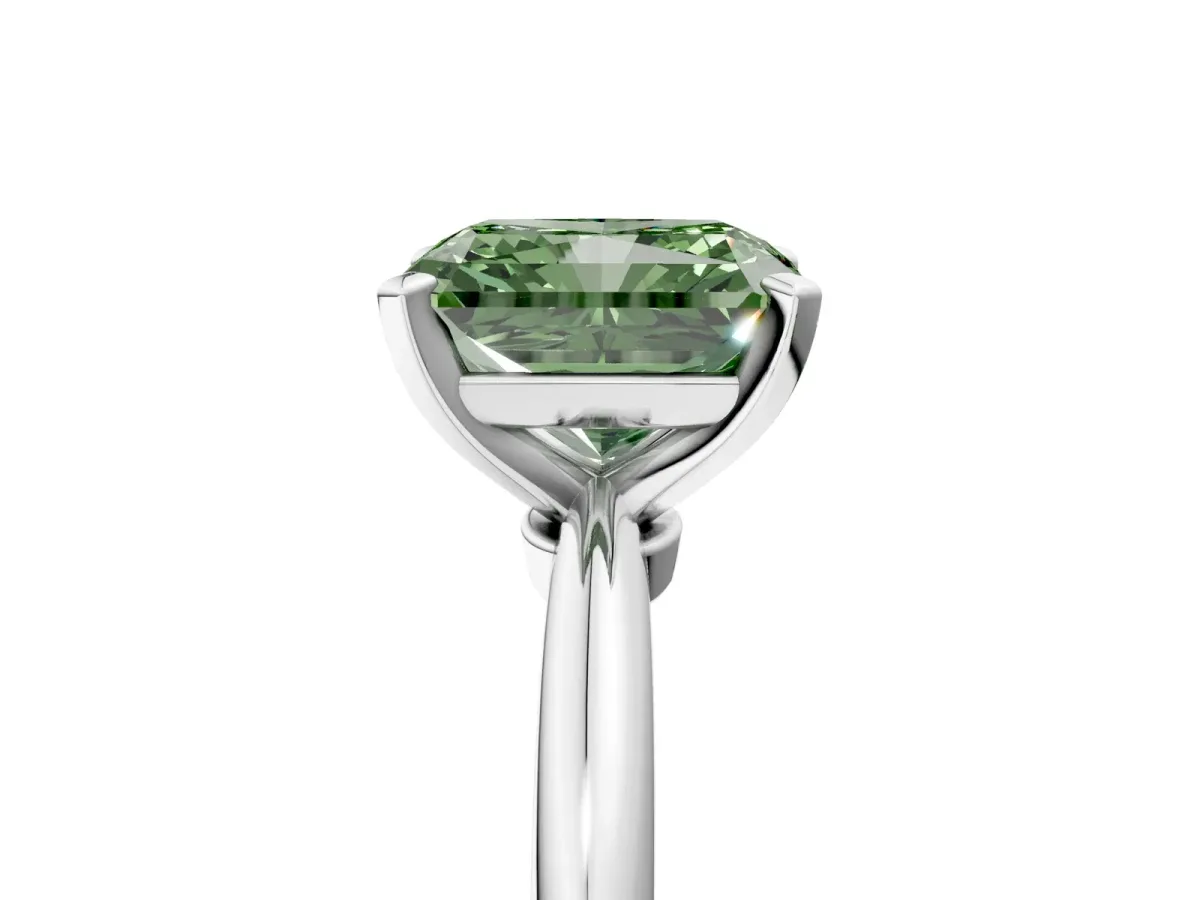 Fancy Green Radiant Cut Diamond Solitaire Ring with Six-Prong Setting and Classic Band Silver