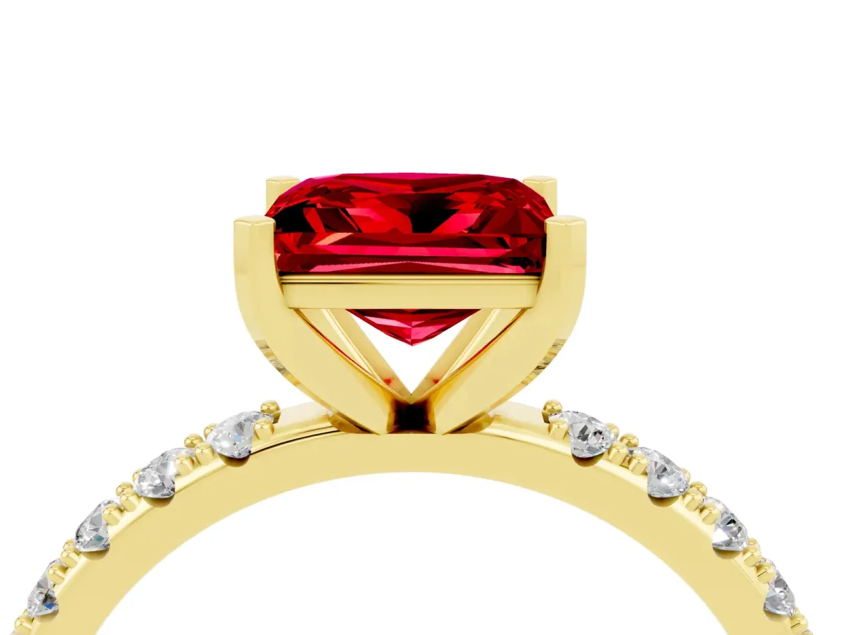 Princess Cut Ruby Solitaire Pavé Band with Four-Prong Setting Yellow gold